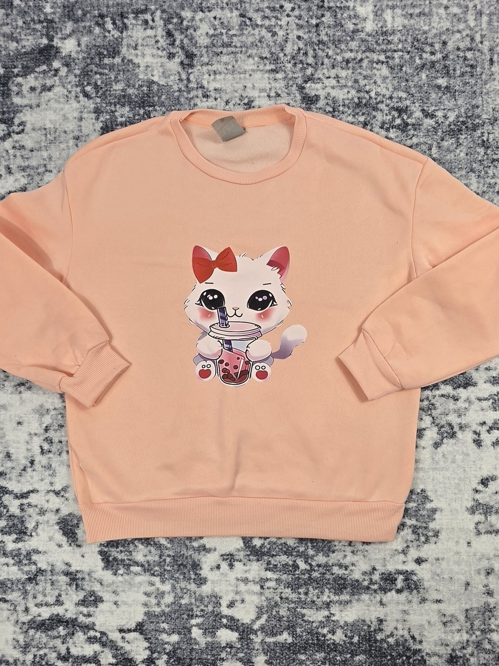 Girls Cute Kitty Bubble Tea Sweatshirt Pink Long Sleeve Pullover Size 11Y